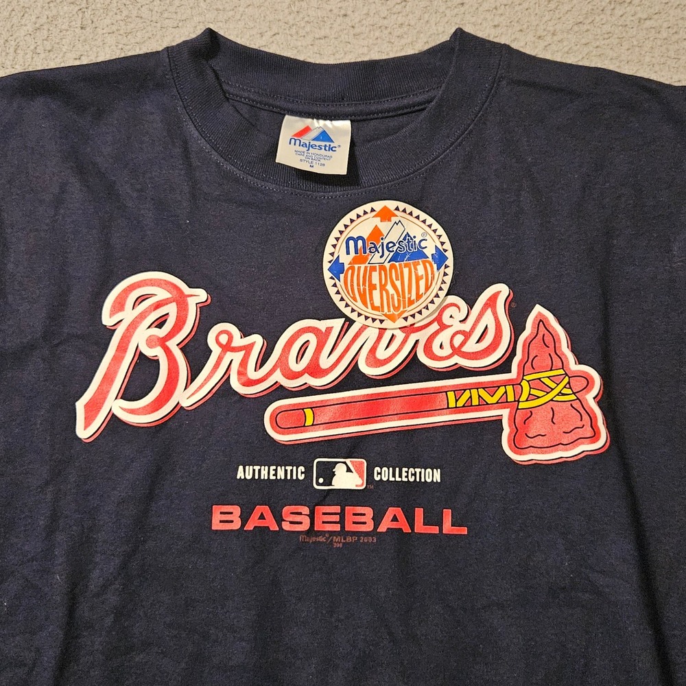 Vintage Majestic Atlanta Braves T Shirt Mens Medium Navy Blue 2003 MLB Baseball